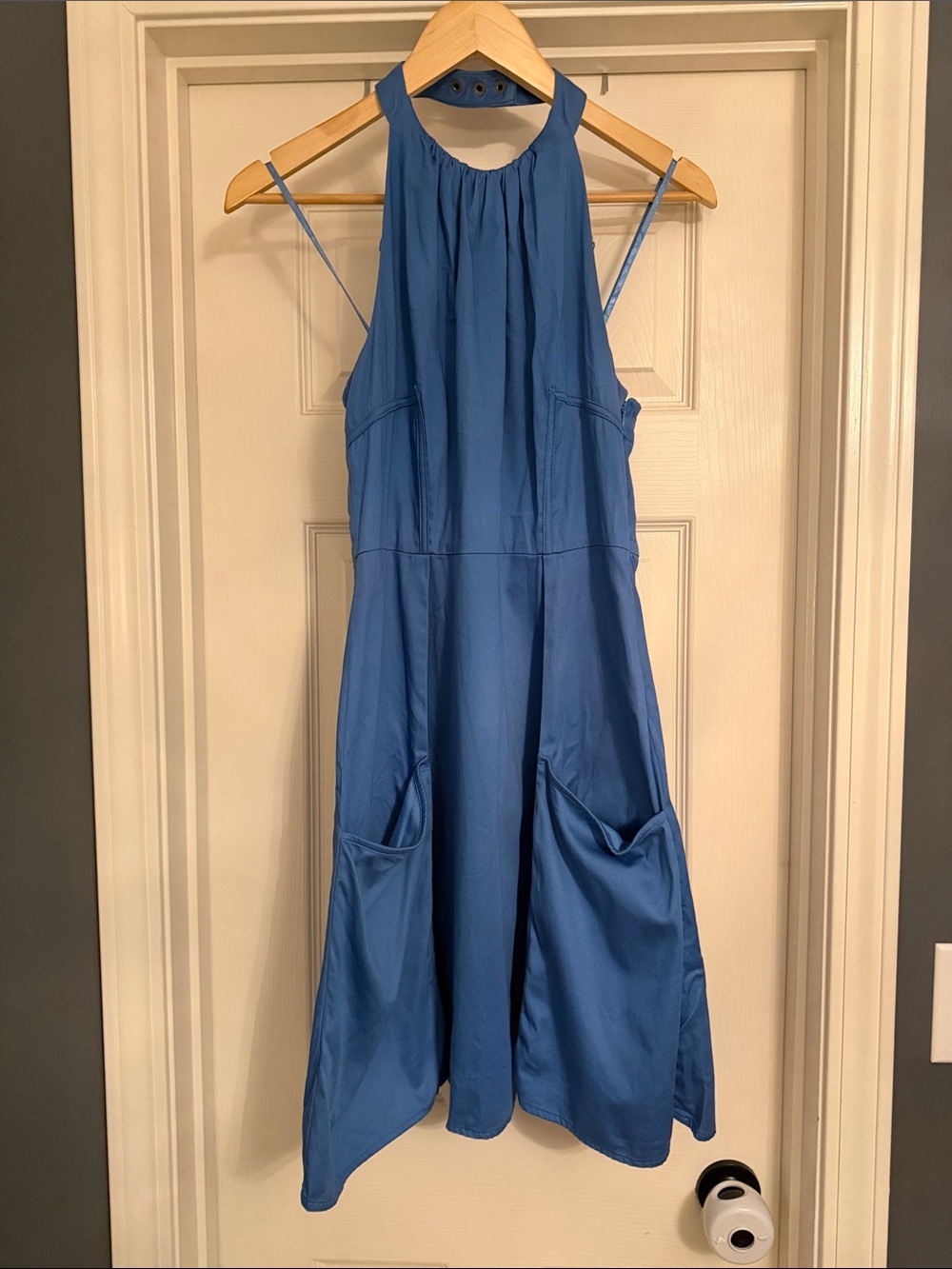 Sleeveless Darted Blue Halter Midi Mini Dress with Pockets